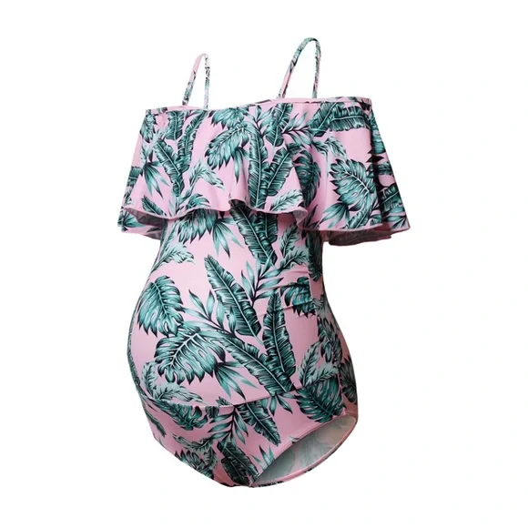 🎉 2X HOST PICK | New Tropical Leaf Flounce Off The Shoulder Maternity Swimsuit - Picture 5 of 11